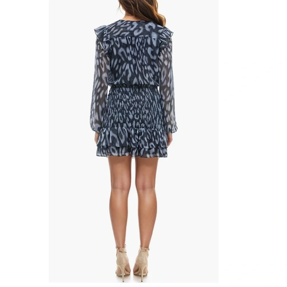Socialite Metallic Chiffon Smock Waist Ruffle Hem Long Sleeve Mini Dress Sz XS